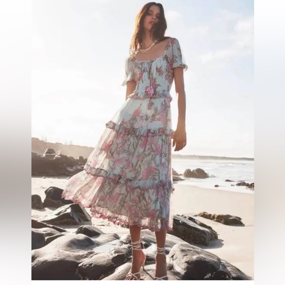 NWOT Hemant & Nandita Asia Dress Powder Blue Pink Midi XS READ